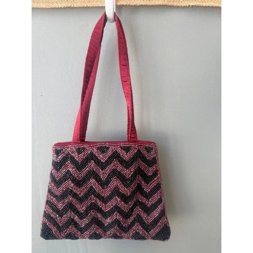Burgundy Black Beaded Mini‎ Evening Bag Chevron Art Deco Y2K Gatsby